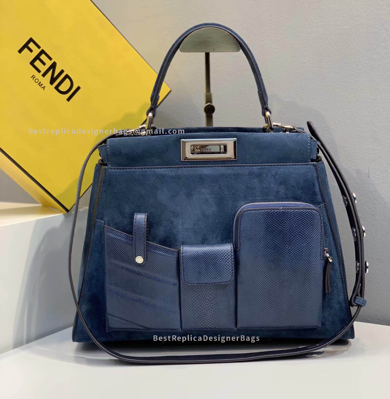 Fendi Peekaboo Iconic Medium Blue Suede Bag 2113BL